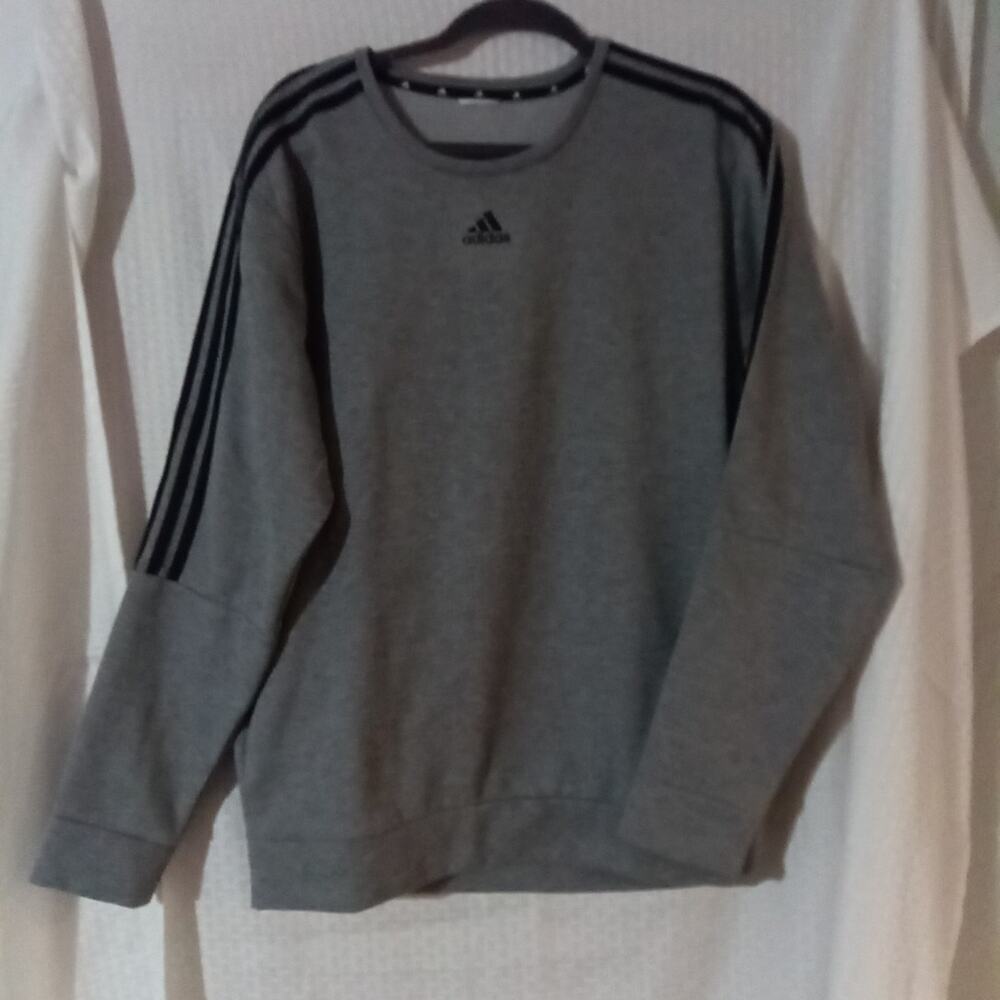 Adidas Sweat Shirt Men's Lg Gray Black Stripes Down Long Sleeve Pullover